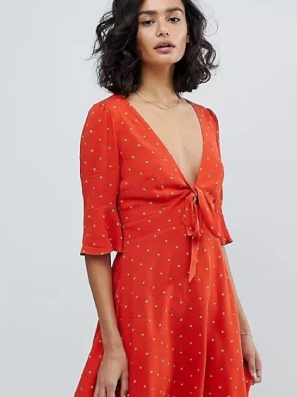 Free People All Yours sz 4 Orange yellow polka dot plunge neck bell Sleeve dress